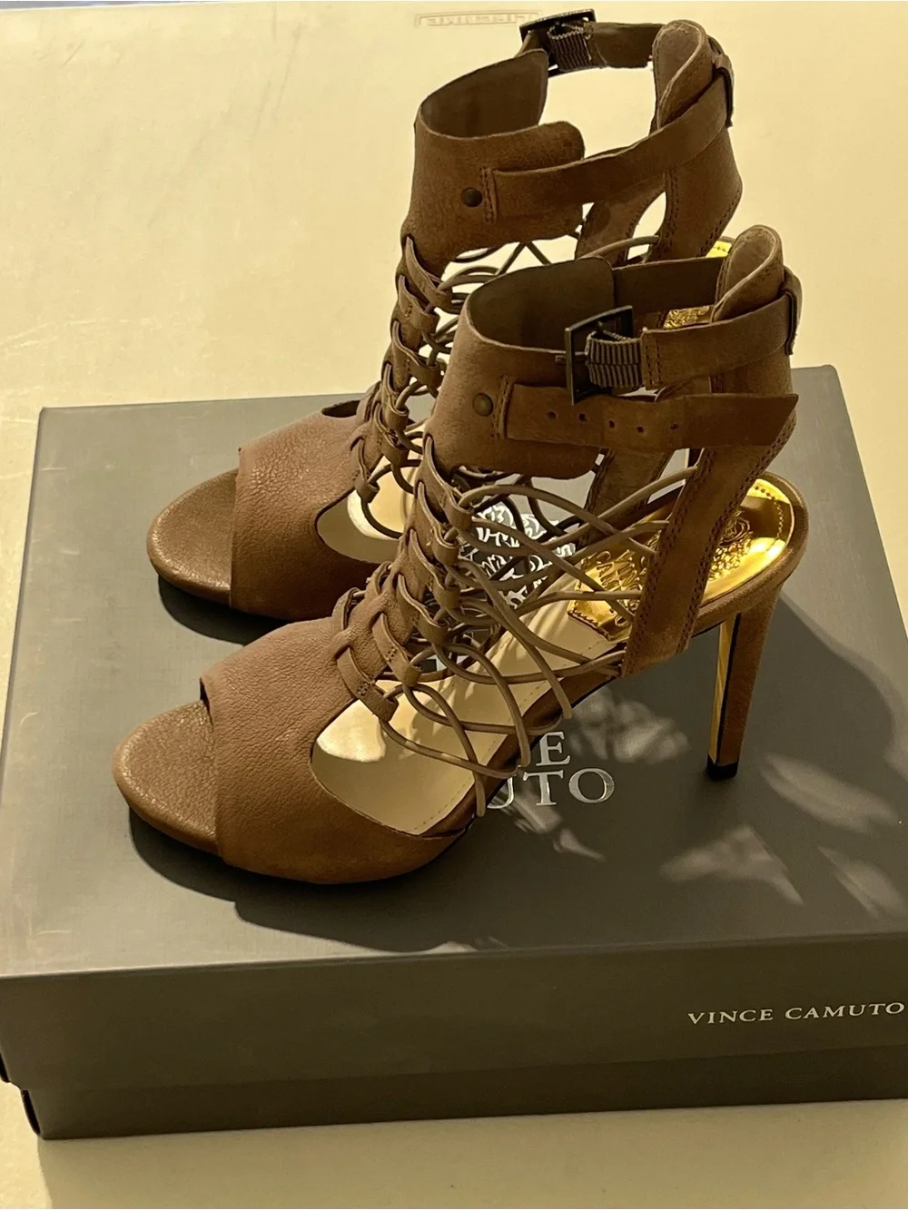 Vince Camuto Brown Lace-Up Caged Stiletto Sandals